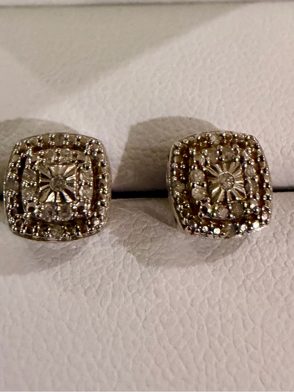 Diamond Halo Square Stud Earrings - White Gold Tone